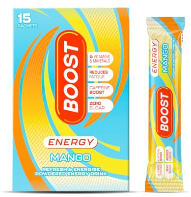 Boost Energy Powder Mango, 6 Pack, 5g Sachets | Tropical mango flavoured electrolyte powder mix for quick active hydration.
