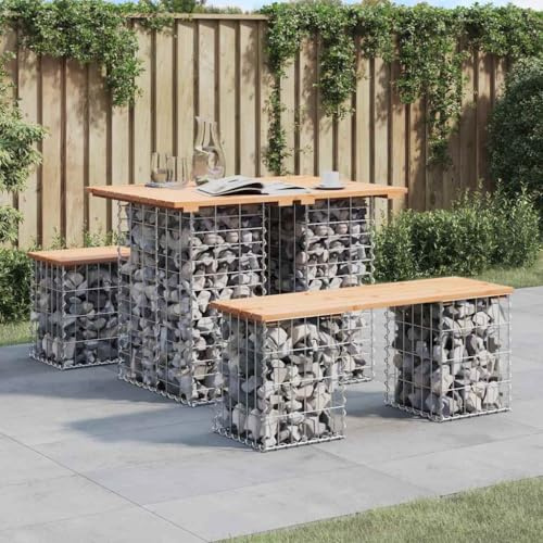 Owoxanthellate Gartentisch 100x70x72 cm Kiefer massiv & Gabionen-Untergestell, robuster Holztisch für Balkon, Terrasse und kleine Flächen, kompaktes Design
