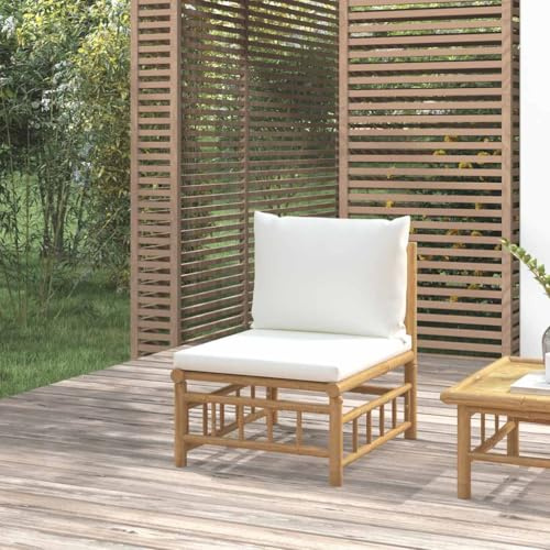 Frdhee Salon de jardin, de balcon, canapé central en bambou, avec coussins blanc crème, pour balcon, terrasse, piscine, montage facile
