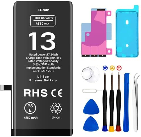 Batterie pour iPhone 13 4980mAh Batterie de Remplacement Haute capacité 0 Cycle avec Kits d'outils de réparation pour modèle A2482, A2631, A2634, A2635