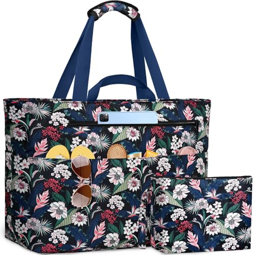 NEWIROVE Strandtasche XXL Familie, Extra Groß Strandtasche Mit Reißverschluss Faltbare Badetasche Damen Wasserdicht Tote Bag Damen Herren Beach Bag Für Strand, Reisen, Urlaub. 50L
