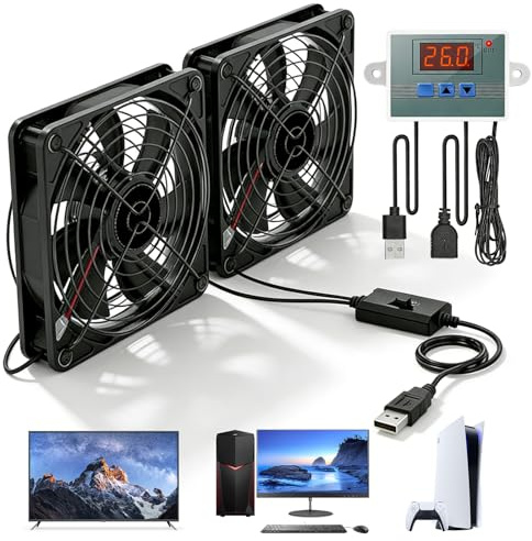 Ventola USB da 120 mm con regolatore di temperatura digitale, ventola per PC USB, ventola per alloggiamento ventilatore, doppio ventilatore con 3 velocità regolabili, per PS5/laptop/TV Box/AV cabinet