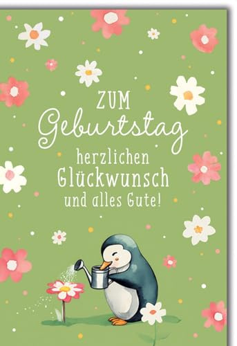 Geburtstagskarte für Kinder Fröhlich - Kinder - Pinguin gießt Blume auf grünem Hintergrund mit Blumenmuster - Klappkarte mit Umschlag