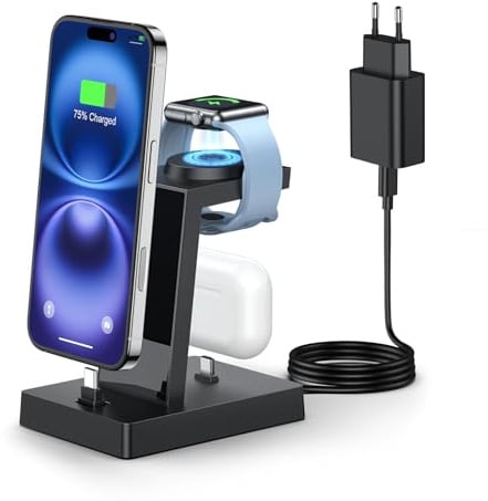ADADPU Ladestation für mehrere Geräte, 30W USB C Schnellladestation | 3 in 1 Kabelloser Ladeständer für Apple Watch 11/10/9/SE Ladegerät für iPhone 18 pro 17 16 15, Ohrhörer mit USB-C Anschluss