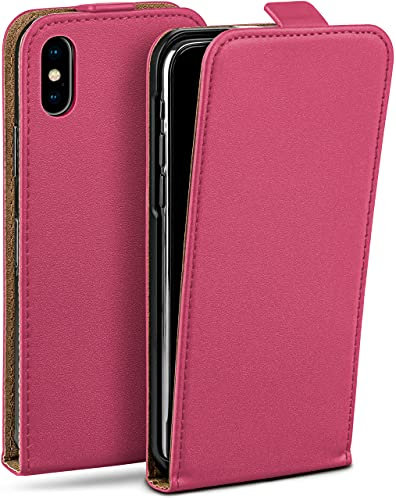 moex Flip Case für iPhone X/iPhone XS Hülle klappbar mit 360 Grad Schutz, Handyhülle mit Displayschutz, PU Leder Handytasche Lederhülle, Flip Case Cover Klapphülle, Pink