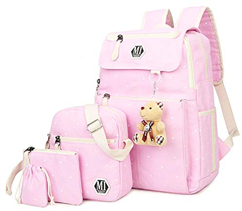 NANANA Kinder Schultaschen Set Polka Dot Leinwand Schulrucksäcke Rucksack mit Schultertasche und Bleistift-Tasche 5-teilig, 19x13x43 cm,Rosa