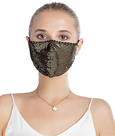 Yimidear Erwachsene Mundschutz Bling Pailletten Wiederverwendbarer und Waschbarer Staubschutz Mit 2 Aktiv Kohle Filter für Laufen, Radfahren und Aktivitäten (Golden)