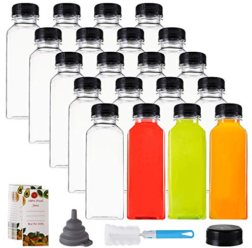 Cedilis 20 Pack 350ml Plastic Juice Bottles with Black Cap, Clear Reusable Containers with Lids, Great Disposable Bottles for Making Juice, Milk, Salad Dressing, Smoothie and Other Beverages