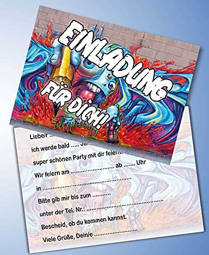 ich Einladungskarten 10er Set + 10 Umschläge Kindergeburtstag kompatibel mit Graffiti, Format DIN A6 (Postkarte 148 x 105 mm), 0014