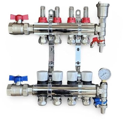 Wärmer System 4 Port Underfloor Heating Complete Manifold with Pipe Connections, Ball Valves, Automatic Air Vent and Pressure Gauge End Unit (16mm eurocone)