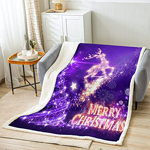 Loussiesd Coperta natalizia Sherpa con albero di Natale, cervo, coperta in pile, leggera e sfocata, per letto, divano, matrimoniale, 150 x 199 cm, viola