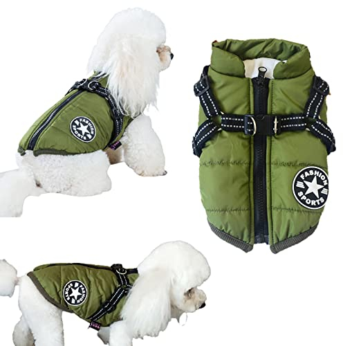 Tineer Haustier-Wintermantel mit Geschirr für kleine mittelgroße Hunde, wasserdichtes Fleece-Baumwollfutter, warme Haustierjacke, Kostüm für kaltes Wetter (M, Grün)