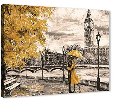 ZHONGYUTONG London Kunstdruck auf Leinwand mit Rahmen Big Ben Gelb Regenschirm Gemälde Schwarz Weiß Straßenansicht Wandbild Romantische Wohnkultur für Wohnzimmer Schlafzimmer (30x45cm)