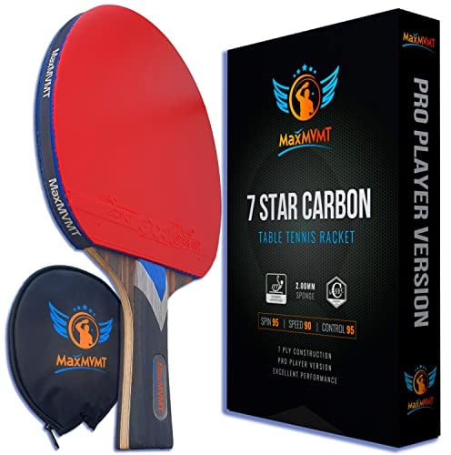 MaxMVMT Pala de Ping Pong, Hoja de Fibra de Carbono de 7 Capas, Goma aprobada por la ITTF, Funda portátil, 1 Pulsera