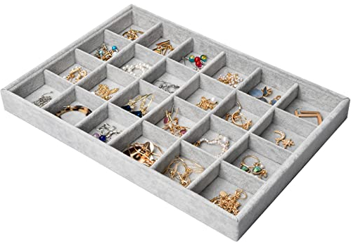 24 Grids Samt Schmucktablett für Schublade, Schmuckaufbewahrung Stapelbar Schmuck Organizer, Schubladeneinsatz Aufbewahrungssystem Schmuck Tablett für Ohrringe Ringe Ketten Armband, 35x24x3cm (Grau)