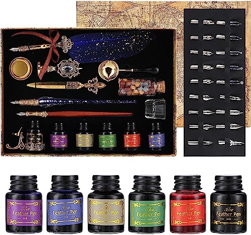 Joyeee Stylo Plume Calligraphie, stylos en verre bleu, 6 encres multicolores, porte-stylo, tasse de nettoyage et kit de sceau de cire, date d'anniversaire idee cadeau pour mama en papa #87