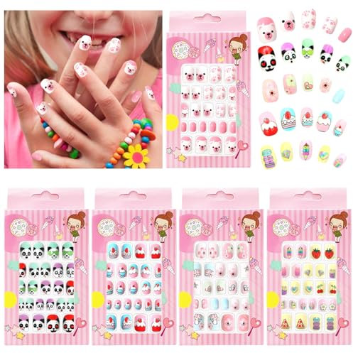 ZOCONE 120 PCS Uñas Postizas de Niñas, Uñas de Postizas para Niña de Cubierta Completa Cortas Uñas Falsas de Niños Dibujos Animados Lindo Uñas Postizas para Niñas, Colorida Uñas para Niños 5 Cajas (A)