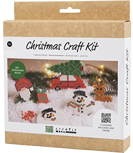 creotime Nabbi® Bio Bügelperlen Kreativset, 100% kompostierbar, Weihnachtsauto, Rentier, Schneemann, Wichtel und Geschenk, 1 Pck