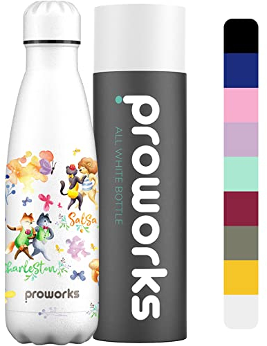 PROWORKS Bouteille d'eau Isotherme, sans BPA, Gourde INOX Reutilisable pour Maintien Chaud de 12 Heures & du Froid Jusqu’à 24 Heures, Sport, Gym - 1 Litre - Tout Blanc - Animaux Dansants