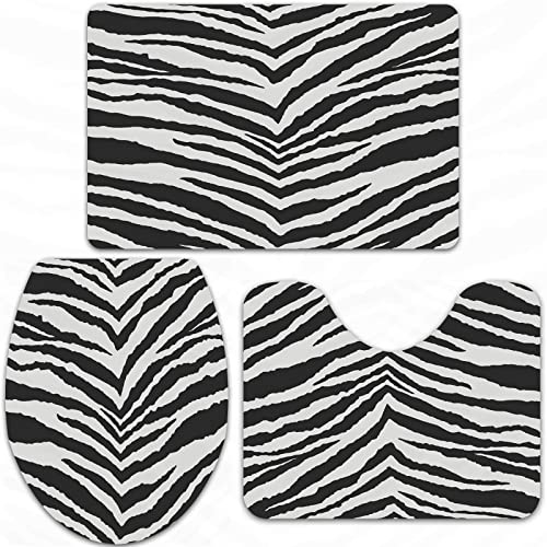 URSOPET Badteppich-Set 3-teilige, rutschfeste,Schwarzes Zebra,rutschfeste Badematte, U-förmiger Konturteppich und Toilettendeckel