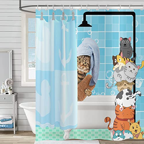 Hnmdmyi Duschvorhang Lustige Katze 180x180, Niedliche Badende Katze Cartoon Tier Kätzchen Kinder Duschvorhänge Duschhaube Blau Kariert Dekor Badewanne Vorhang Wasserdicht Polyester Stoff Badevorhang