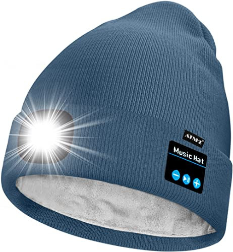 ATNKE Unisex LED Lighted Bluetooth Beanie Hat,USB Rechargeable 4 LED Running Headlamp Ultra Bright Music Speaker Cap with Head Torch Winter Warm Lined Fleece Gifts for Men and Women/Shadow Blue