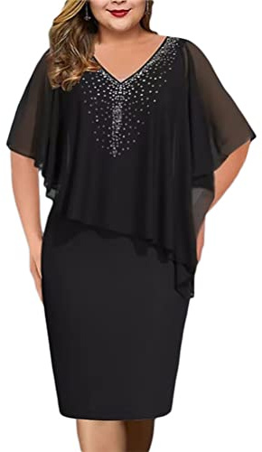 shownicer Damen Große Größen Chiffon Cape Bleistiftkleid Elegant Rundhals Cocktailkleid Abendkleid Bodycon Bleistift Festlich Kleider