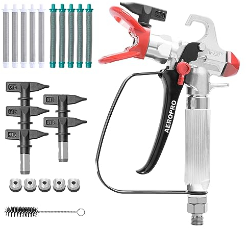 Aeropro Tools Airless Farbspritzpistole mit 5 Sprühspitzen und 10 Filtern, 3600 PSI Hochdruck-Drehgelenk, Airless-Spritzpistole, Set für Zuhause, Innen- und Außenwände, Türen, Zäune (311, 313, 415,