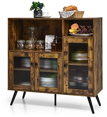 TANGZON Sideboard for Kitchen, Glass Door Storage Cabinet with Open Compartments, Adjustable Shelves, 5 Metal Legs & Anti-Tipping Device, Wooden Buffet Cupboard for Dining Living Room (Rustic Brown)