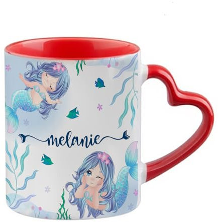 Personalised Mermaid Girl Gift, Mermaid Coffee Mug, Gift for Kids, Girls, Heart Handle Coffee, Tea Mug. (Red)