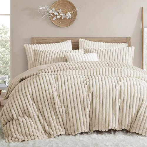 Sedefen Winter Bettwäsche 135x200 cm 4teilig Beige Flauschig Plüsch Kunstfell Flanell Biber Wendebettwäsche Shaggy Gestreift 2 Bettbezug und 2 Kissenbezug 80x80cm mit Reißverschluss