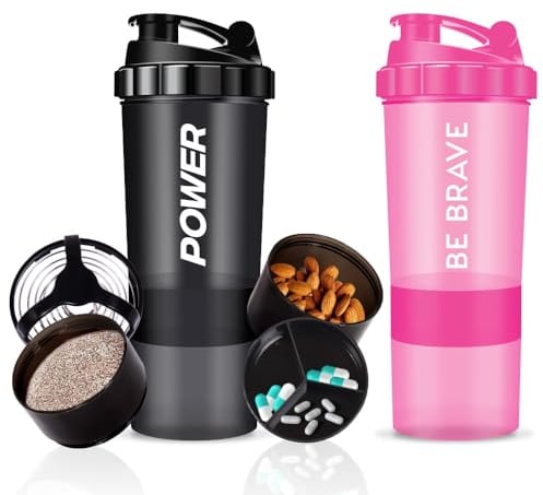 ACUNA Protein Shaker Bottle 600ml (PACK OF 2), 3 Layer Supplement & Pills Storage Cup- Secure Leakproof Protein Shake Mixer Bottle- Gym Supplement Shaker Bottle (Power Black-Be Brave Pink)