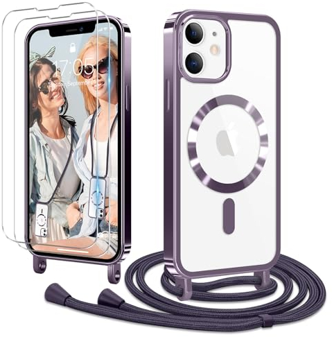 Ethanger Handyband für iPhone 12 iPhone 12 Pro Hülle mit Band + 2 Stück Glas Schutzfolie Transparent Silikon Handyhülle Magnetische Schutzhülle Case zum Umhängen für iPhone 12/12 Pro Lila