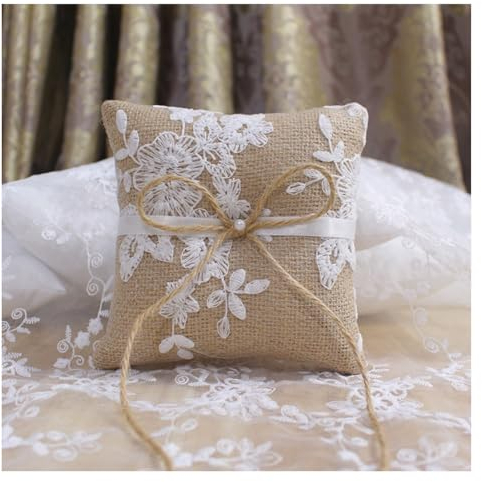 Hrlace Hochzeit Ringkissen Vintage Jute Spitze Ehering Kissen Satinband Jute Ringkissen für Rustikale Hochzeits Accessoires Ringe Ohrringe Armbänder 15 x 15cm 1#