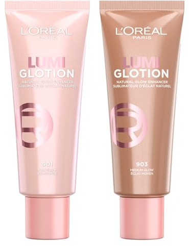 L'Oréal Paris Lumi Glotion Aufhellende Flüssigkeit, belebt und formt - Beauty Routine spendet Feuchtigkeit für Gesicht und Körper, Farbton 901 Fair Glow + 903 Medium Glow - 2 Flaschen à 40 ml