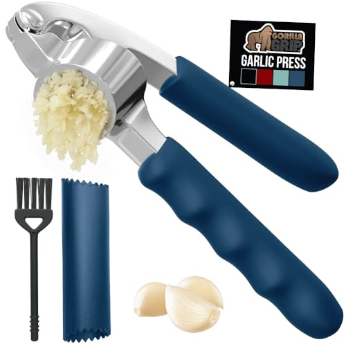 GORILLA GRIP Garlic Peeler and Press Set, Heavy Duty Mincer, Blue