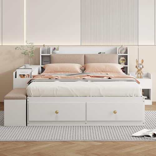 Dolamaní Massivholzbett Schlafzimmer Set-Bett 140x200cm, Stauraumbett mit Schubladen, Stauraum-Langschrank & Sofabank, 1 Nachttisch, Kopfteil mit Ablagefach, Doppelbett (Weiß)