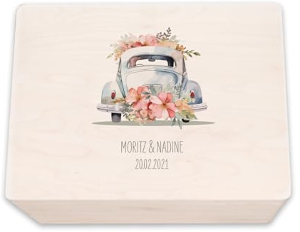 hellomini Personalisierte Erinnerungskiste aus Holz - Geschenk zur Hochzeit | Individuell mit Namen & Datum - Hochzeitsgeschenk/Hochzeitskiste (Auto mit Blumen, S: 30x20x14cm)