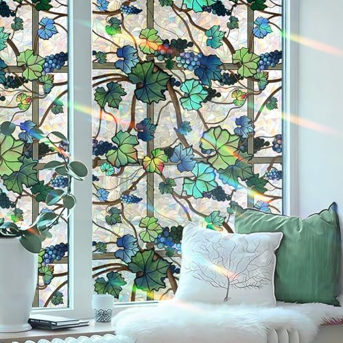 Tanlaby Pellicola per Finestra Verde Tralcio di Vite Elettrostatica per Vetri Non Aderente Privacy Pellicola Adesiva per Vetri Porte Ufficio Camera da Letto Cucina, 45x100cm