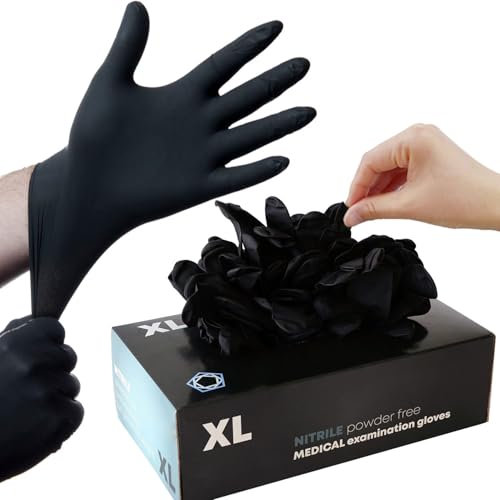 PROMART Black Disposable Nitrile Gloves, Multipurpose, Medical Exam Gloves, Chemical Resistant, Powder-Free, Latex-Free, Puncture-Resistant, Food Safe, Cleaning, Tattoo, Box of 100 Gloves (1000, XL)