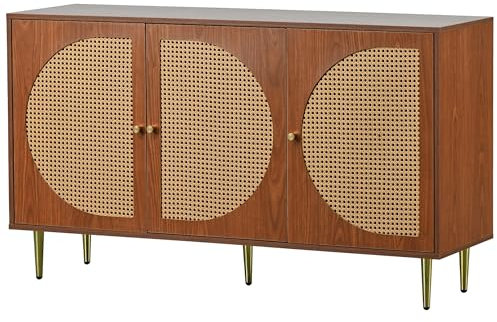 xixiworkshop Sideboard mit 3 Rattan verzierten Türen Kommode Highboard mit Metallgriffe, für Schlafzimmer & Wohnräume & Büro, Weiß,129.8X 40x 76cm (Nussbaum)