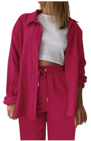 Generisch Pyjama en mousseline pour femme décontracté uni rétro grande taille coton boutonné chemise taille haute ample pantalon long costume vêtements femmes, Rose vif/2, L