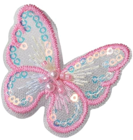 5 Stück Pailletten Schmetterling Perlen Patches 5,5cm,Nähen Patch Aufnäher,Schmetterlinge Deko,Applikationen für Kleidung Taschen Hochzeitsschleier Kopfbedeckungen,Geschenkbox Dekoration,Dunkelrosa
