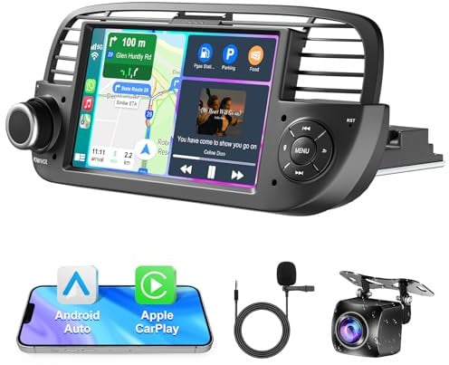 Autoradio für Fiat 500 2007-2015 mit kabellosem Carplay & Android Auto Head Unit, 2+32GB 7 Zoll IPS HD Touchscreen-Autoradio mit GPS-Navigation/Sprachsteuerung/WLAN/SWC/Bluetooth 5.2/FM/Rückfahrkamera