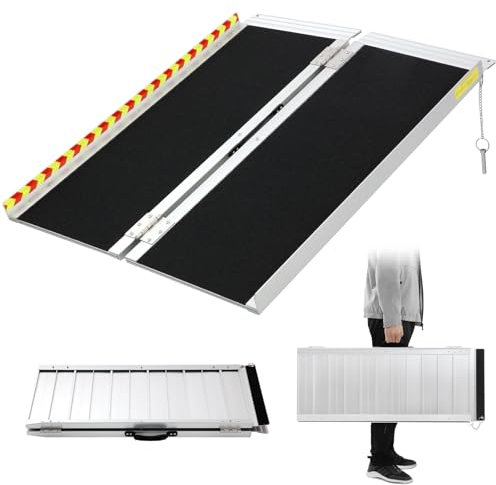 Wheelchair Ramp,61cm Folding Portable Aluminum Ramp, 362kg Capacity,with Transition Plate and Reflective Warning Stickers, for Wheelchair Scooters Power Chairs Walkers Metallic
