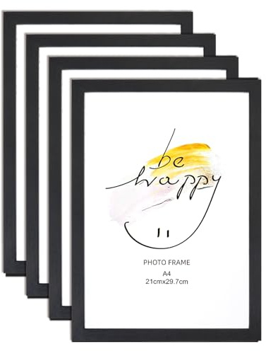 KUAOOAUK Pack de 4 marcos de fotos A4, marcos de fotos personalizados de madera negra con soporte, marco de certificado versátil para montaje en mesa y montaje en pared (21 x 29,7 cm)