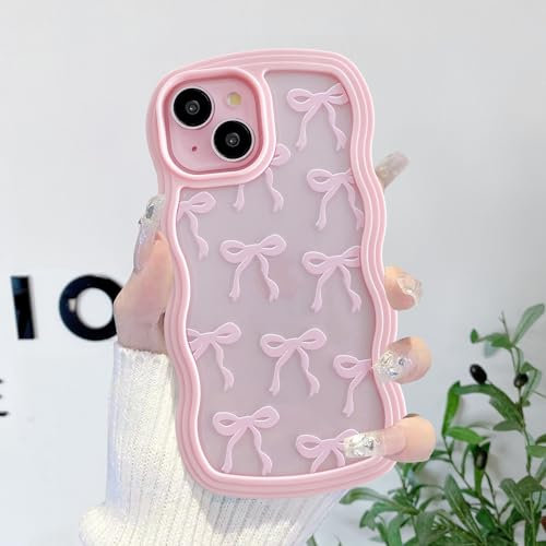 QLTYPRI Cute Bow Case for iPhone 13/iPhone 14, Clear Ribbon Bow Pattern Curly Wave Edge Aesthetic Transparent Phone Case, Slim Shockproof Protective Phone Cover for Women Girls - Pink