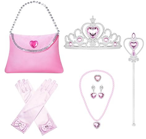 Toyhood 9 Stück Prinzessin Zubehör für Mädchen, Prinzessin Kostüm Dress Up Zubehör, Enthalten Krone, Handschuhe, Zauberstab, Halskette, Ring, Ohrring, Geldbeutel, für Cosplay Kleid Kostüme (Rosa)