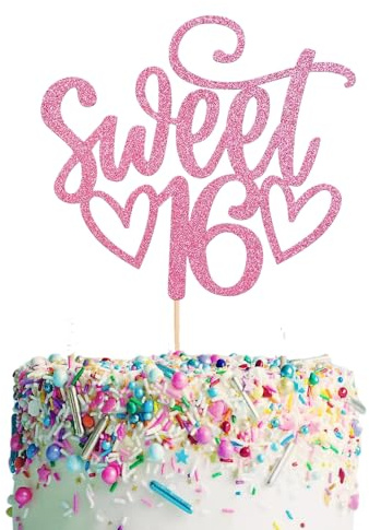 16th Birthday Cake Topper,1 Pack Sweet Teenager Glitter Cheers to Sweet 16 Years Cake Decorations Sign Personalised Party Supplies for Girls Theme Personalised Banner Rose Gold Pink (Pink)