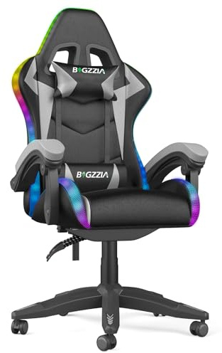 Racingreat LED Gaming Stuhl mit RGB-Lichtleiste (Grau) | Gaming Chair RGB, Kopfstütze Lendenwirbelstütze, Höhenverstellbar 90°–135° Neigungswinkel, Junge Erwachsene Büro Pause
